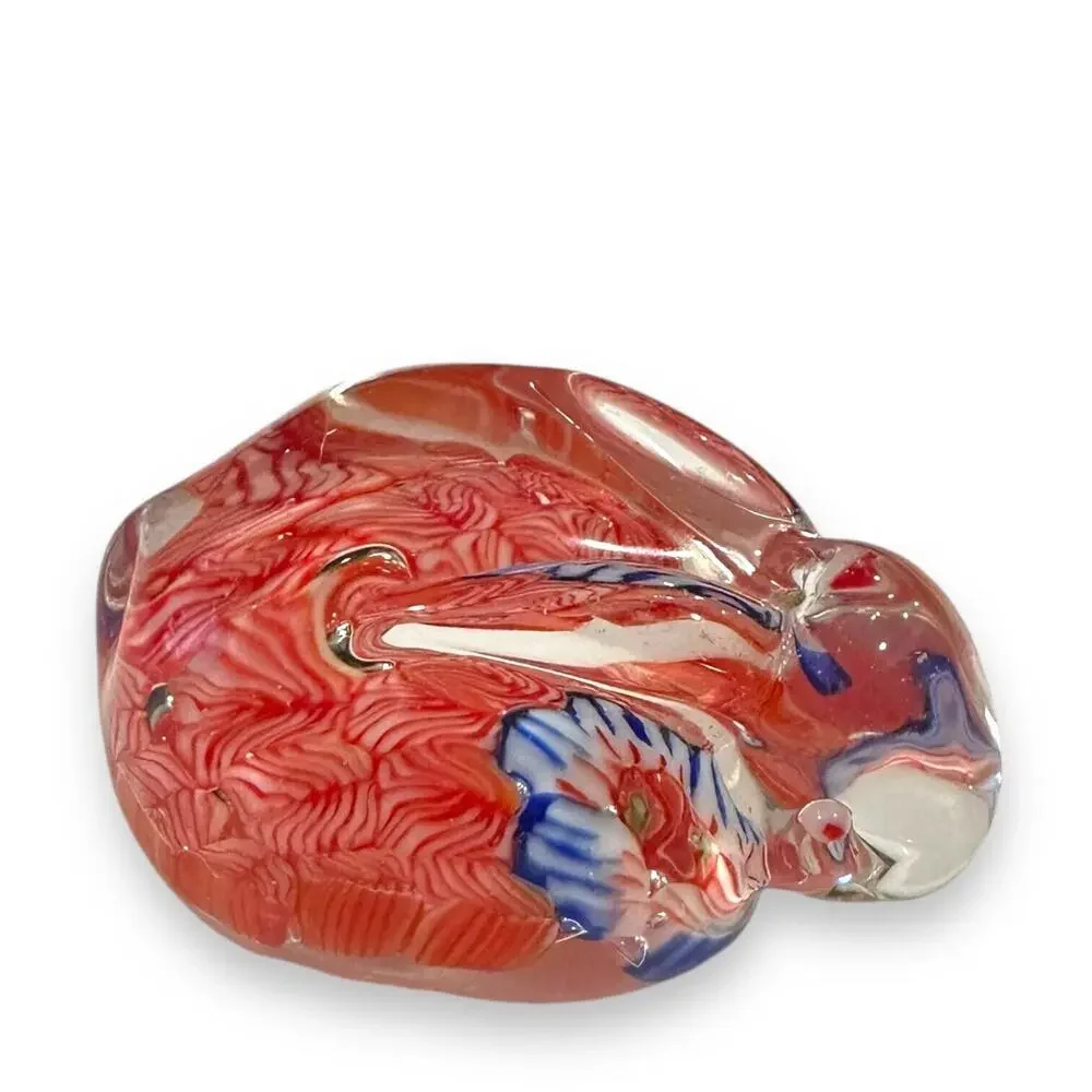 Art Glass Rabbit Paperweight Bunny Hand Blown Millefiori Clear Red White Blue